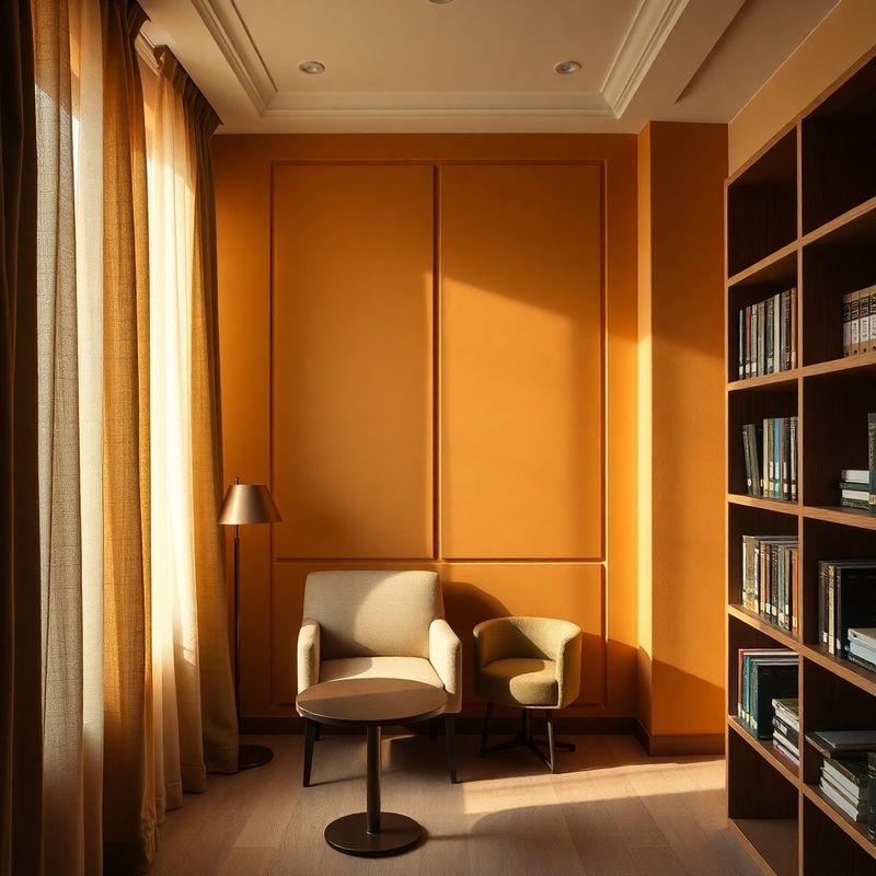 Interior discret de birou de consultanță, panouri ocru și draperii olive